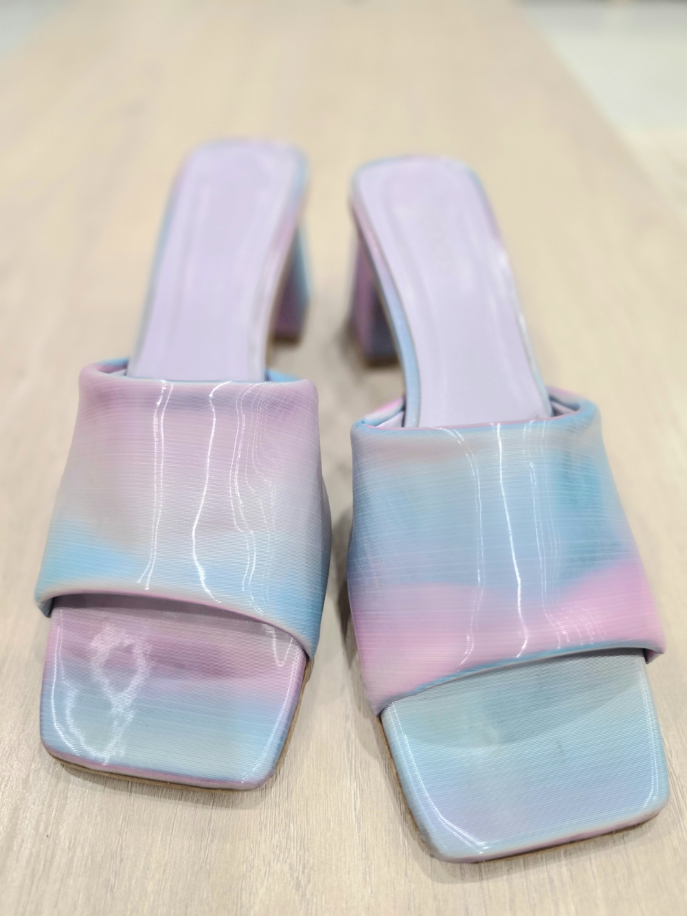 Feners Le Mule Rainbow Pastel Ombre Iridescent Square Toe Block Heel Sandals